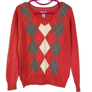 Caribbean Joe Women’s Melon Grey White Argyle Lightweight VNeck Sweater Size L